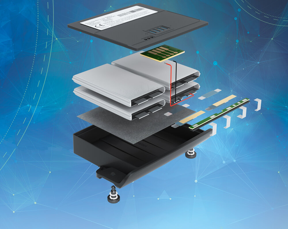 Exploded drawing of a lithium polymer battery pack