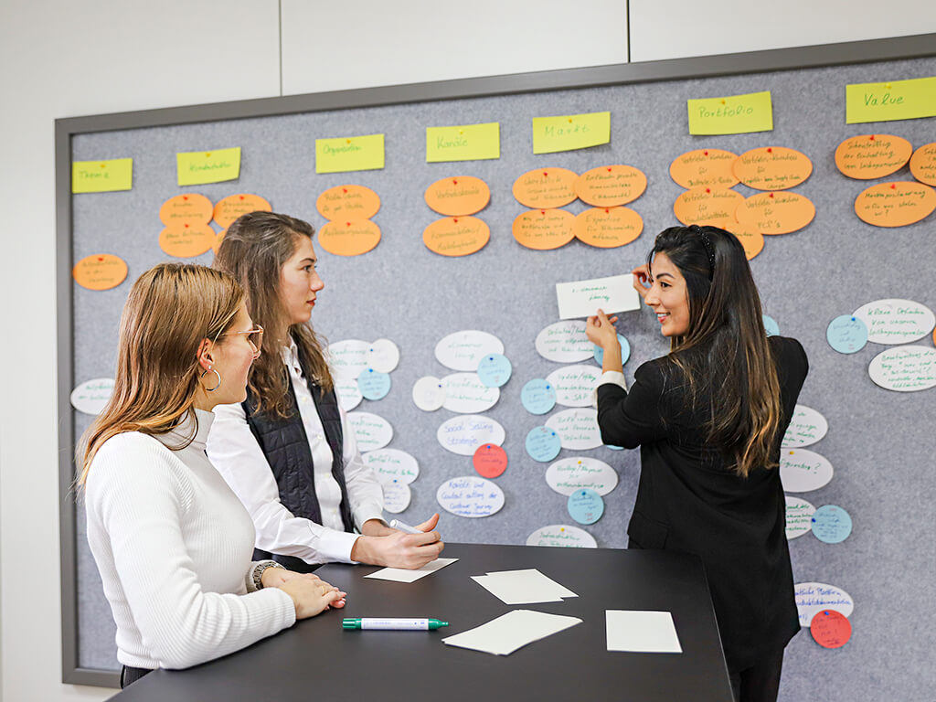 Three women in front of a whiteboard with colourful 